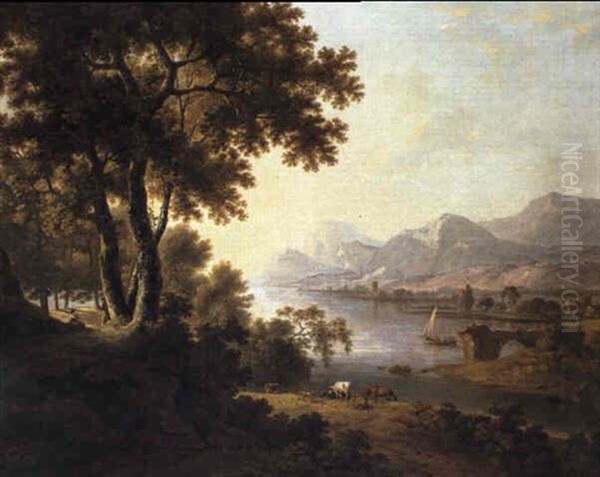 Italianate Landscape With Figures And Cattle By A Lake Oil Painting by Julius Caesar Ibbetson