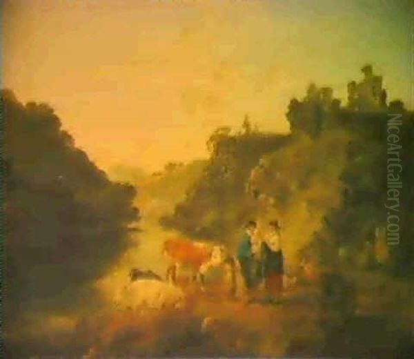 Figures And Cattle By Cilgerran Castle By The River         Teifi, Pembrokeshire Oil Painting by Julius Caesar Ibbetson