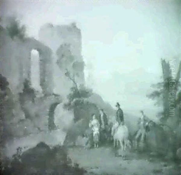 A Man On Horseback With Other Figures In A Ruinous Landscape Oil Painting by Julius Caesar Ibbetson