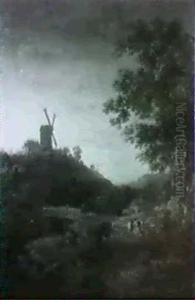 A Wooded Landscape With Travellers By A Bridge, A           Windmill Beyond Oil Painting by Julius Caesar Ibbetson