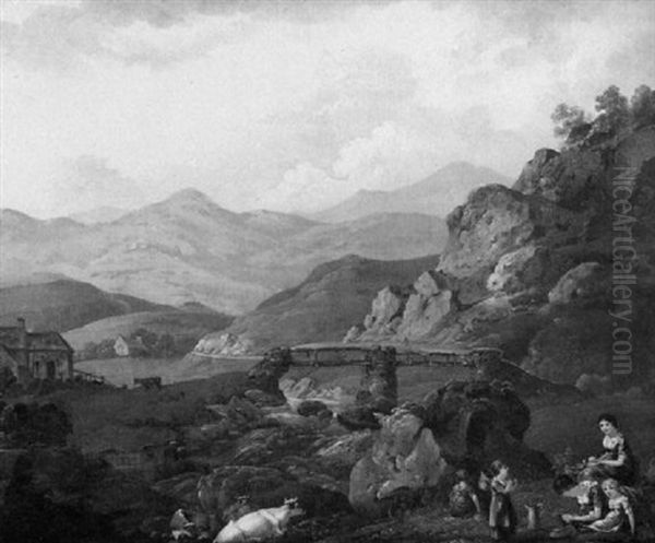 Mountainous River Landscape With Figures And Cattle         Resting By A Bridge Oil Painting by Julius Caesar Ibbetson