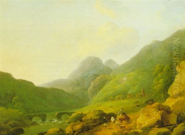 Mountainous River Landscape With A Drover With A Cattle And Sheep By A Bridge Oil Painting by Julius Caesar Ibbetson