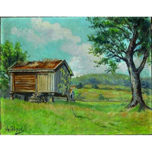 A Pastoral Landscape With A Hut And A Tree In The Foreground Oil Painting by Henrik Ibsen