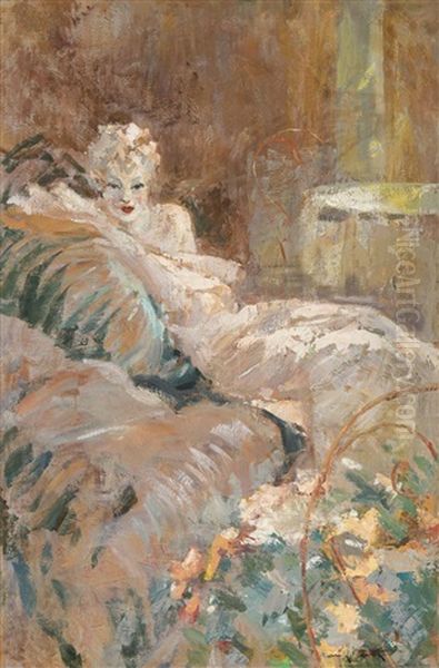 Young Woman Lying On A Couch Oil Painting by Louis Icart