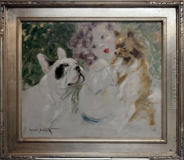 Young Girl With French Bulldog And Long Haired Chihuahua Oil Painting by Louis Icart