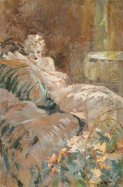 Young Woman On A Sofa Oil Painting by Louis Icart