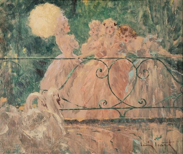 'madchen Am Sommerlichen Schwanenteich', 20. Jahrhundert Oil Painting by Louis Icart