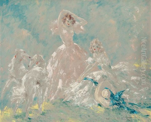 Two Women & Borzois Oil Painting by Louis Icart