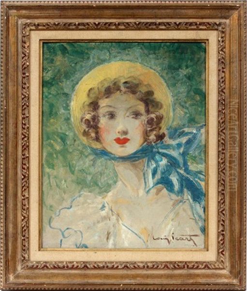 Girl With A Yellow Hat And Blue Sash Oil Painting by Louis Icart