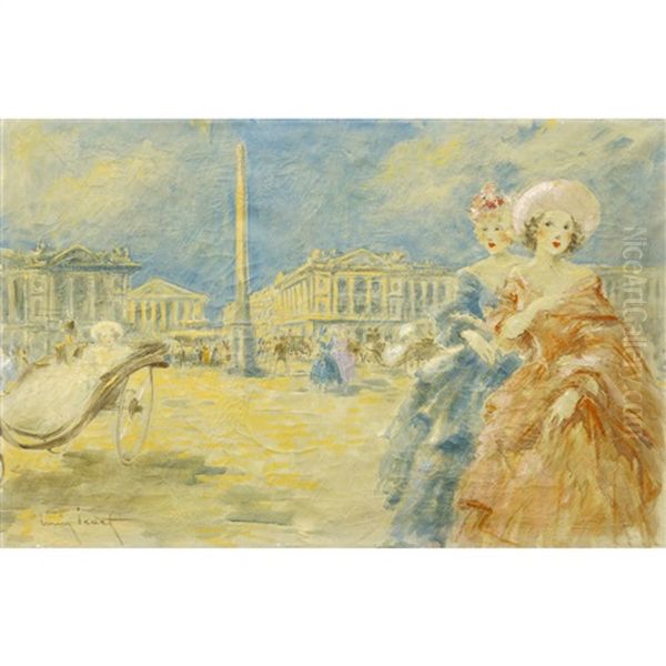 Elegantes Devant La Place De La Concorde / Elegant Parisiennes In The Concorde Square Oil Painting by Louis Icart