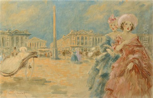 Elegantes Devant La Place De La Concorde Oil Painting by Louis Icart