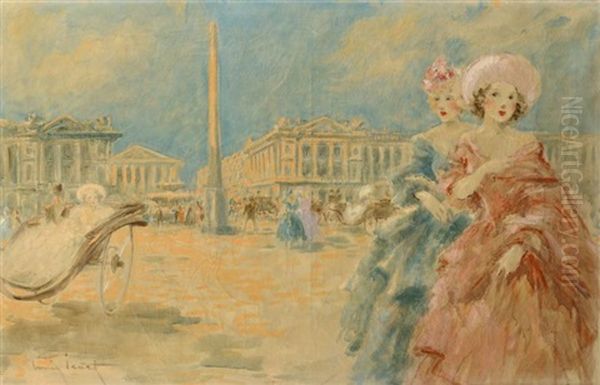 Elegantes Devant La Place De La Concorde Oil Painting by Louis Icart