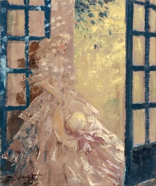 Woman In Front Of French Doors Oil Painting by Louis Icart