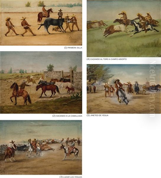 Five Works: Primera Silla, Sacando A La Caballada, Lazar Las Yeguas, Cazando Al Toro A Campo Abierto, Jineteo De Yegua Oil Painting by Ernesto Icaza