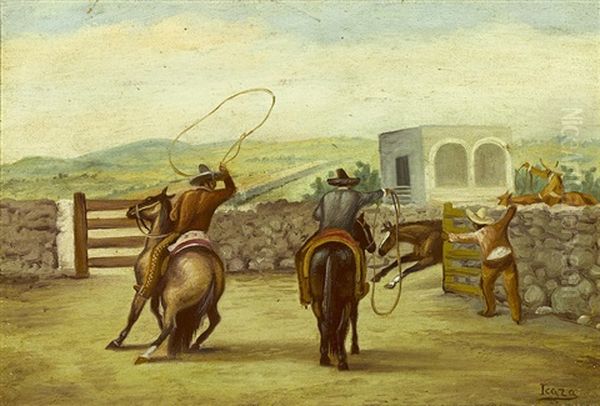 Vaqueros Roping A Horse Oil Painting by Ernesto Icaza