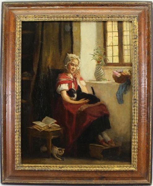 A Young Girl Seated With Two Cats Near A Window Oil Painting by Gustav Igler