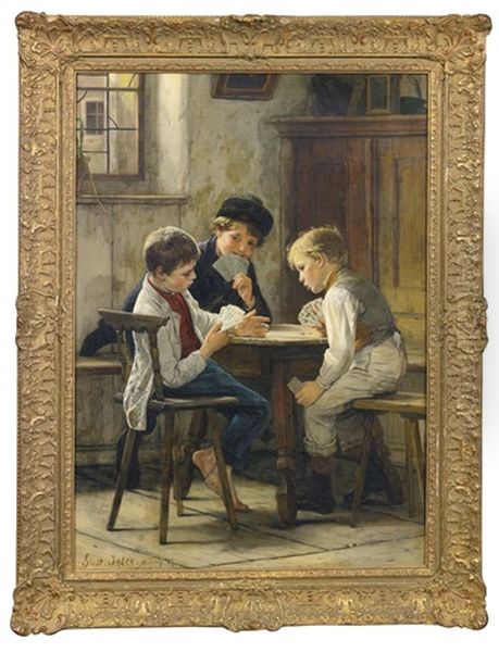 A Game Of Cards Oil Painting by Gustav Igler