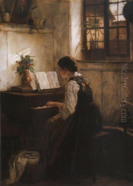 Zongorazo Leany (girl Playing By The Piano) Oil Painting by Gustav Igler