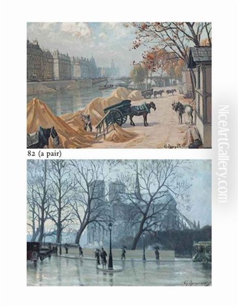 Loading Carts On The Banks Of The Seine, Paris (+ Walking In The Rain Before Notre Dame, Paris; Pair) Oil Painting by Charles Andre Igounet de Villers