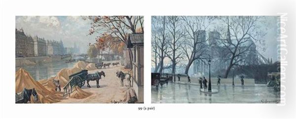 Working Horses On The Banks Of The Seine, Paris; Walking In The Rain Before Notre Dame, Paris (2 Works) by Charles Andre Igounet de Villers