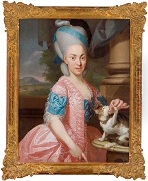 Bildnis Einer Dame In Einer Rosafarbenen Robe Mit Blauen Bandern, Ein Katzchen Futternd Oil Painting by Johann Eberhard Ihle