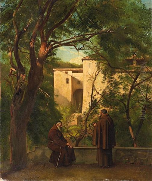 Zwei Franziskaner Im Garten Eines Italienischen Klosters Oil Painting by Johann Eduard Ihlee