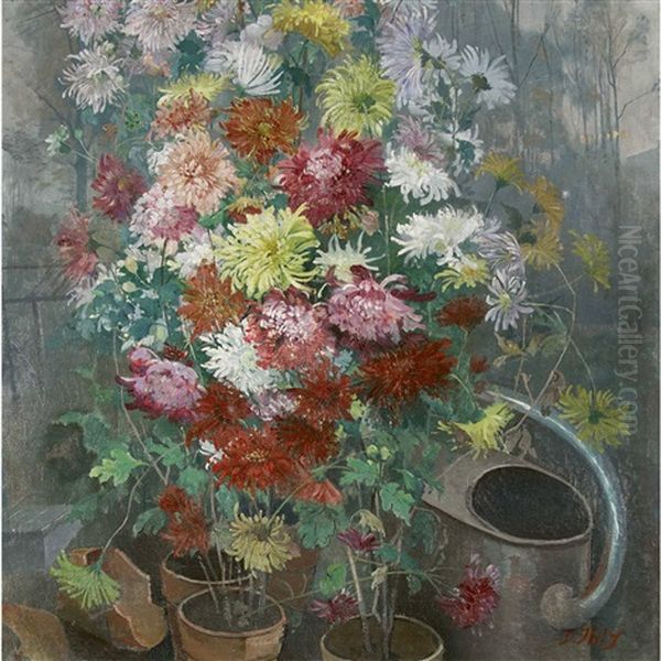 Stilleben Mit Prachtigen Dahlien Und Giesskanne Oil Painting by Jean Daniel Ihly