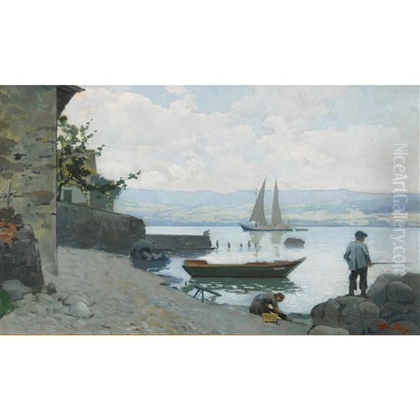 Uferpartie Bei Nernier Mit Wascherin Und Angler Oil Painting by Jean Daniel Ihly