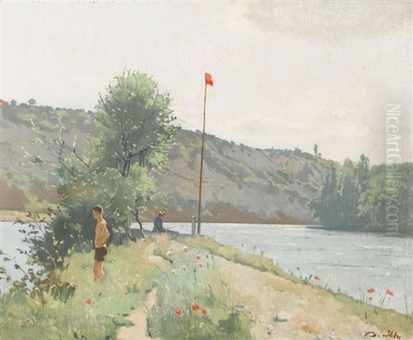 Sommerliche Uferpartie Mit Badendem Und Anglerin Oil Painting by Jean Daniel Ihly