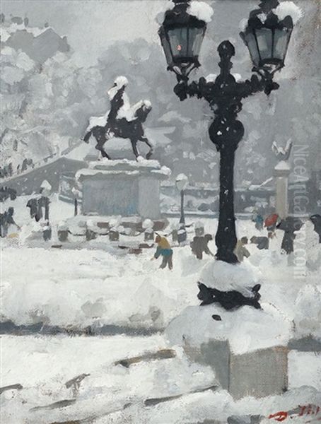 La Place Neuve Sous La Neige Oil Painting by Jean Daniel Ihly