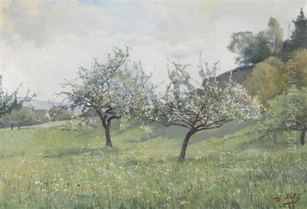 Fruhlingswiese Mit Bluhenden Baumen Oil Painting by Jean Daniel Ihly