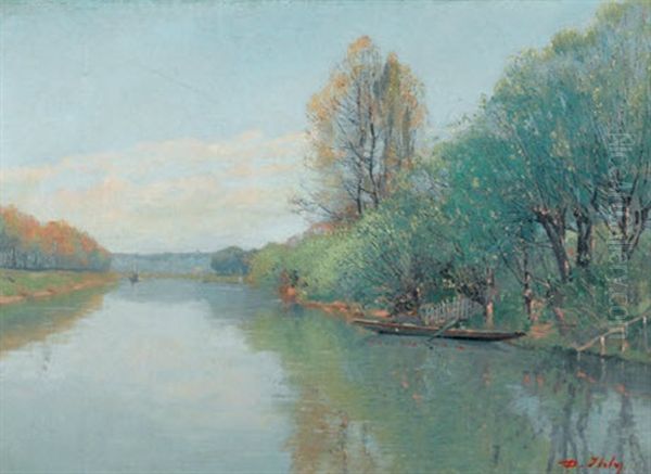 En Avril, Bord De Marne A Saint-amour Creteil Oil Painting by Jean Daniel Ihly