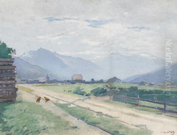 Landliche Wegpartie Mit Huhnern Und Gebirgsansicht Oil Painting by Jean Daniel Ihly