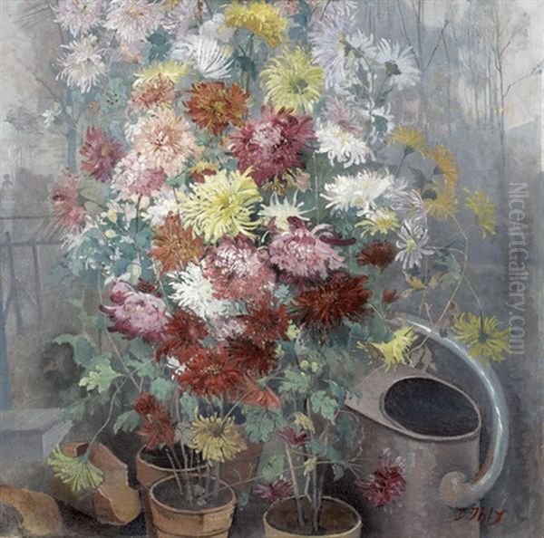 Stillleben Mit Prachtigen Dahlien Und Giesskanne Oil Painting by Jean Daniel Ihly