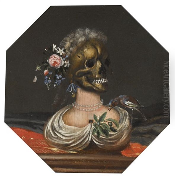 A Vanitas Bust Of A Lady With A Crown Of Flowers On A Ledge Oil Painting by Catharina Ijkens