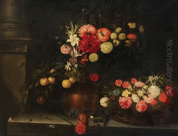 Nature Morte Aux Fleurs Dans Un Vase En Cuivre Et Dans Un Panier Oil Painting by Catharina Ijkens