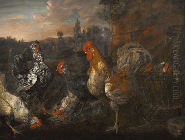 Hens And Roosters In A Landscape Oil Painting by Catharina Ijkens