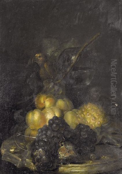 Fruchtestillleben Mit Rotem Vogel Und Glasschale Oil Painting by Catharina Ijkens