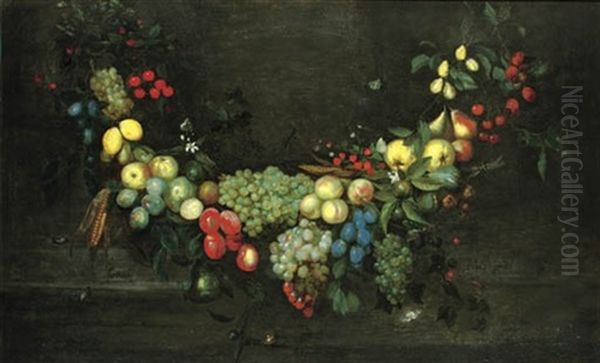 A Swag Of Fruit Hanging In A Niche, With Butterflies, Beetles And A Snail Oil Painting by Catharina Ijkens