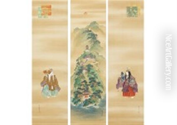 Hourai Mountain And Crane And Turtle (a Set Of 3 Scrolls) Oil Painting by Shokoku Ikai