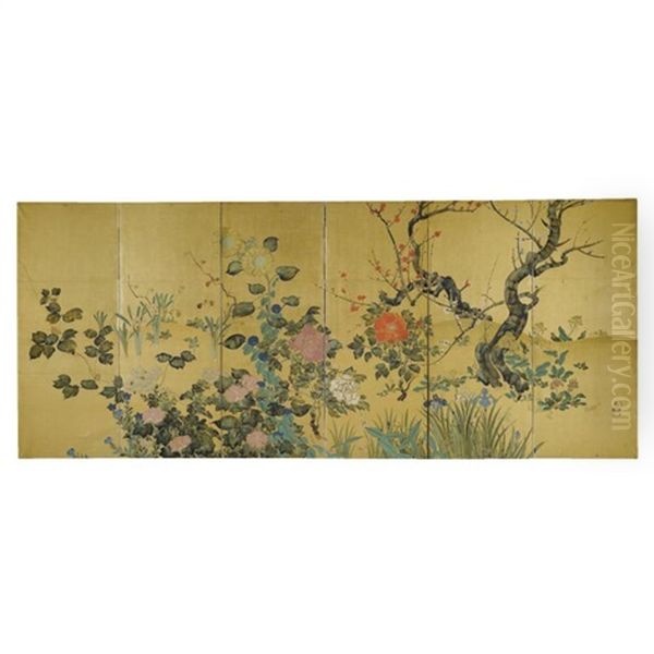 Shiki Soukazu (flowers Of The Four Seasons, 6 Panels) Oil Painting by Koson Ikeda