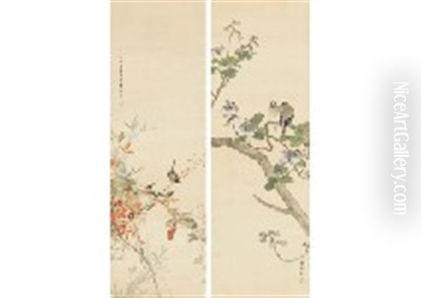 Paulownia And Twin Eophona Personata; Bird With Autumn Bushes (a Pair Of Scrolls) Oil Painting by Shuho Ikegami