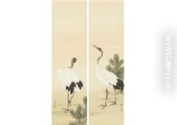 Two Cranes (a Pair Of Scrolls) Oil Painting by Shuho Ikegami