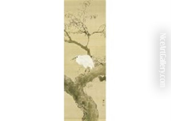 Old Willow And White Egret Oil Painting by Shuho Ikegami