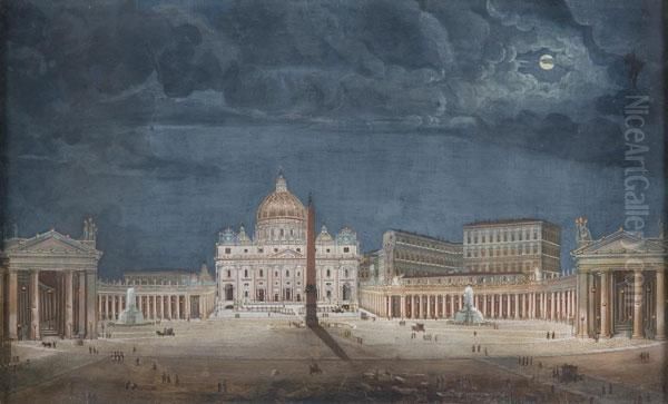 Veduta Notturna Di Piazza San Pietro Illuminata, Con Figure Oil Painting by Luigi Bartezago