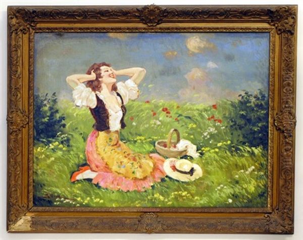 Lady In A Landscape Oil Painting by Leopold Illencz