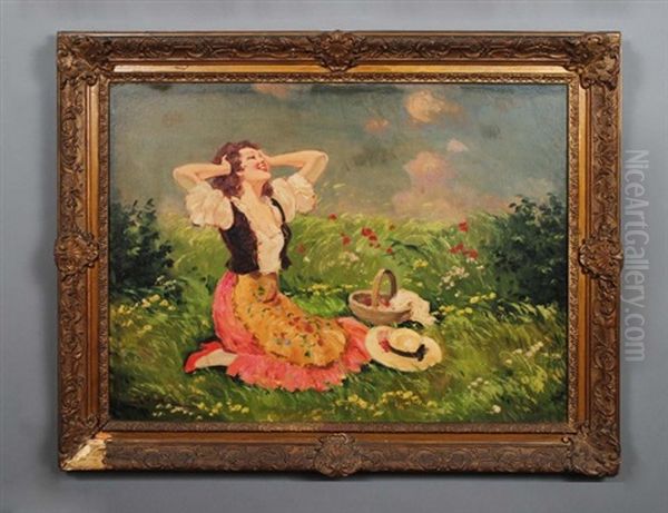 Lady In A Landscape Oil Painting by Leopold Illencz