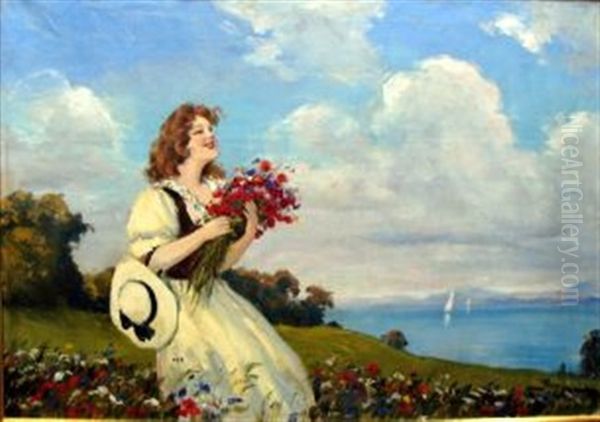 Girl With A Bunch Of Flowers Oil Painting by Leopold Illencz