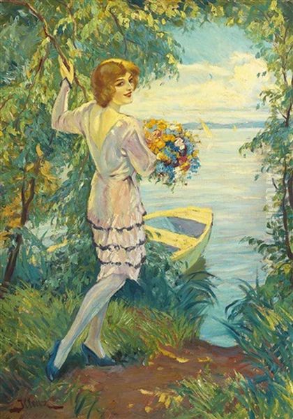 Madchen Mit Blumenstraus An Sommerlichem Ufer Mit Angelandetem Kahn Oil Painting by Leopold Illencz