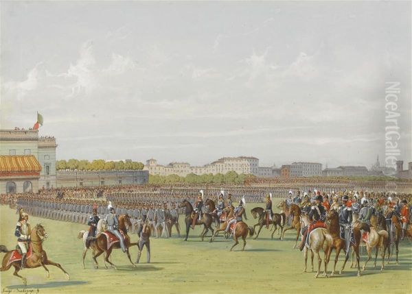 Coppia Di Vedute Del Foro Bonaparte Con Parate Militari Oil Painting by Luigi Bartezago